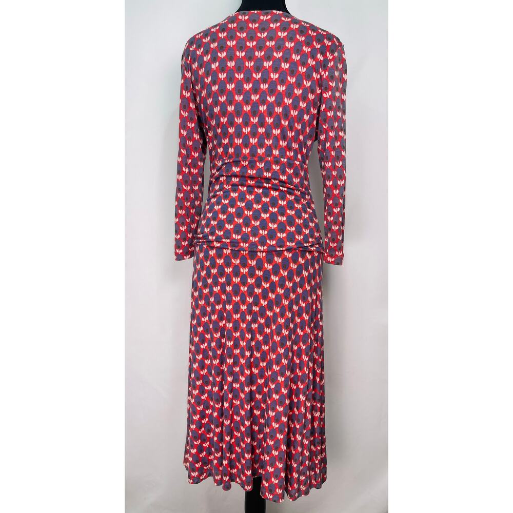 Boden Red & Navy Geometric Print Midi Dress Size 8R V-Neck Ruched Waist - Picture 4 of 10